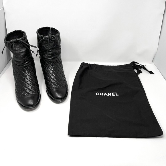 Chanel Black Quilted Patent Leather Drawstring Ankle‎ Boots 40 - Picture 9 of 11